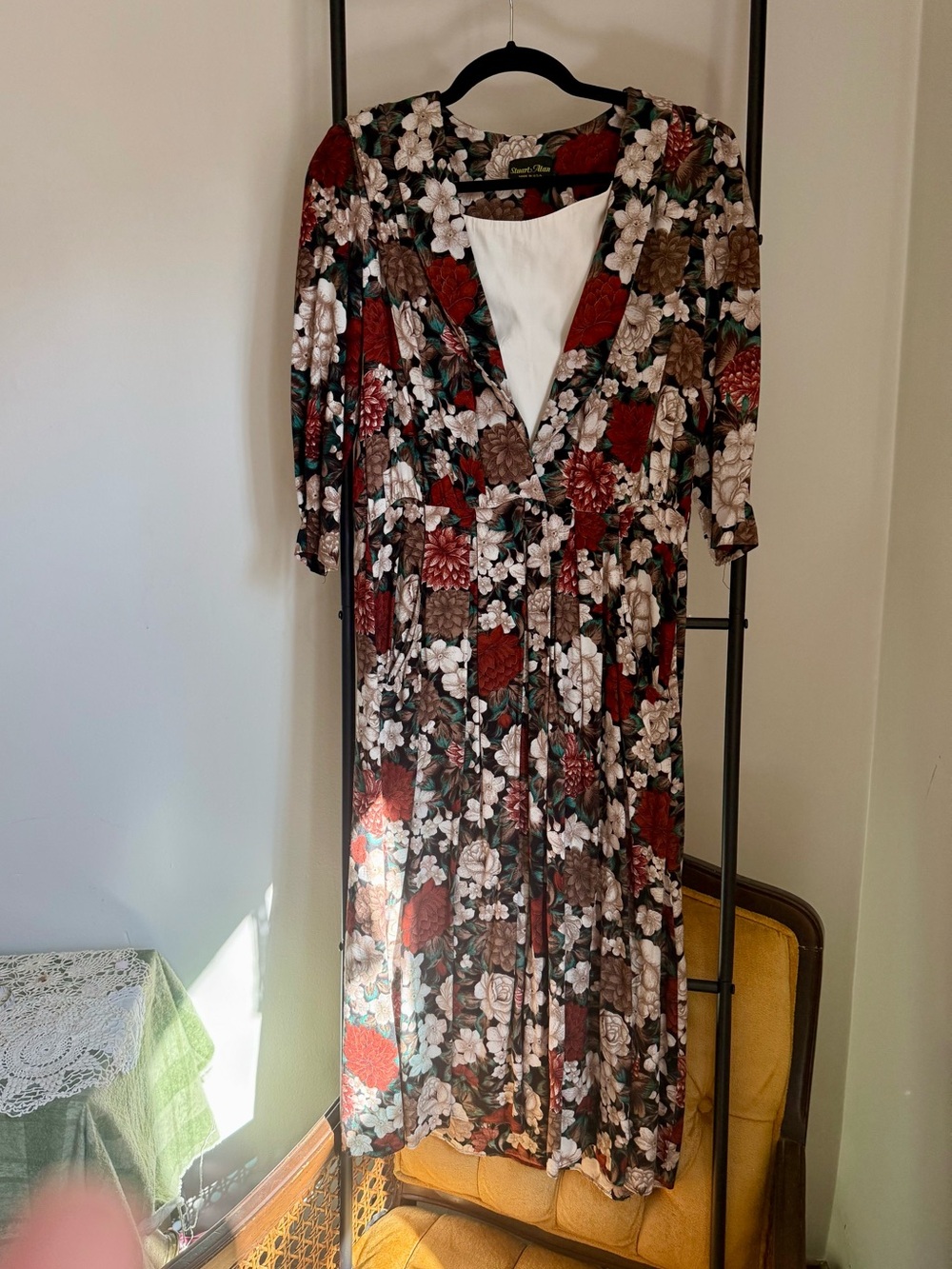 Stuart Alan Floral V-Neck Midi Dress in Red and Brown